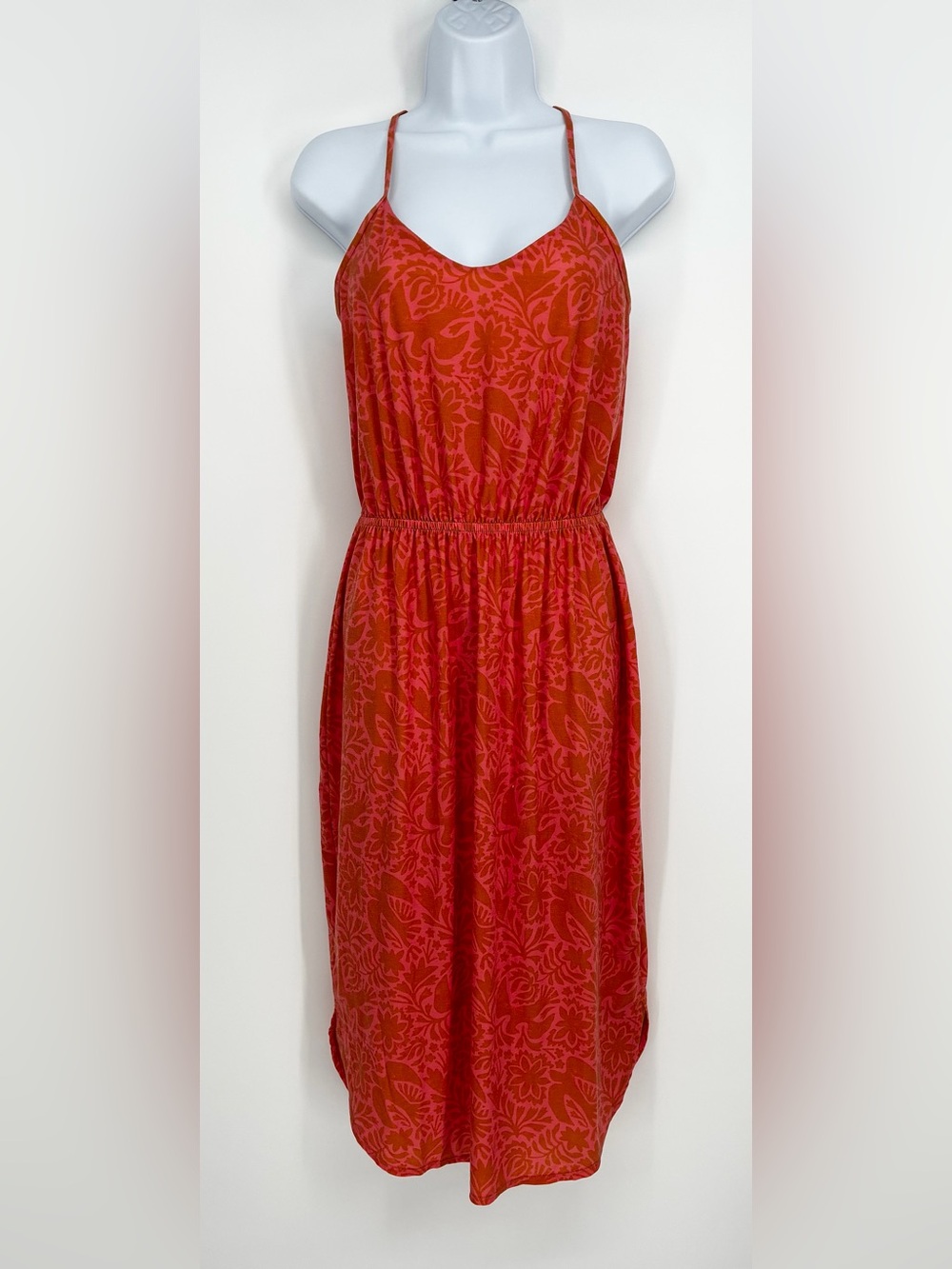 prAna Ayla Dress Fresca Flora Fauna Orange Pink T Back Athletic Midi Dress NWT S